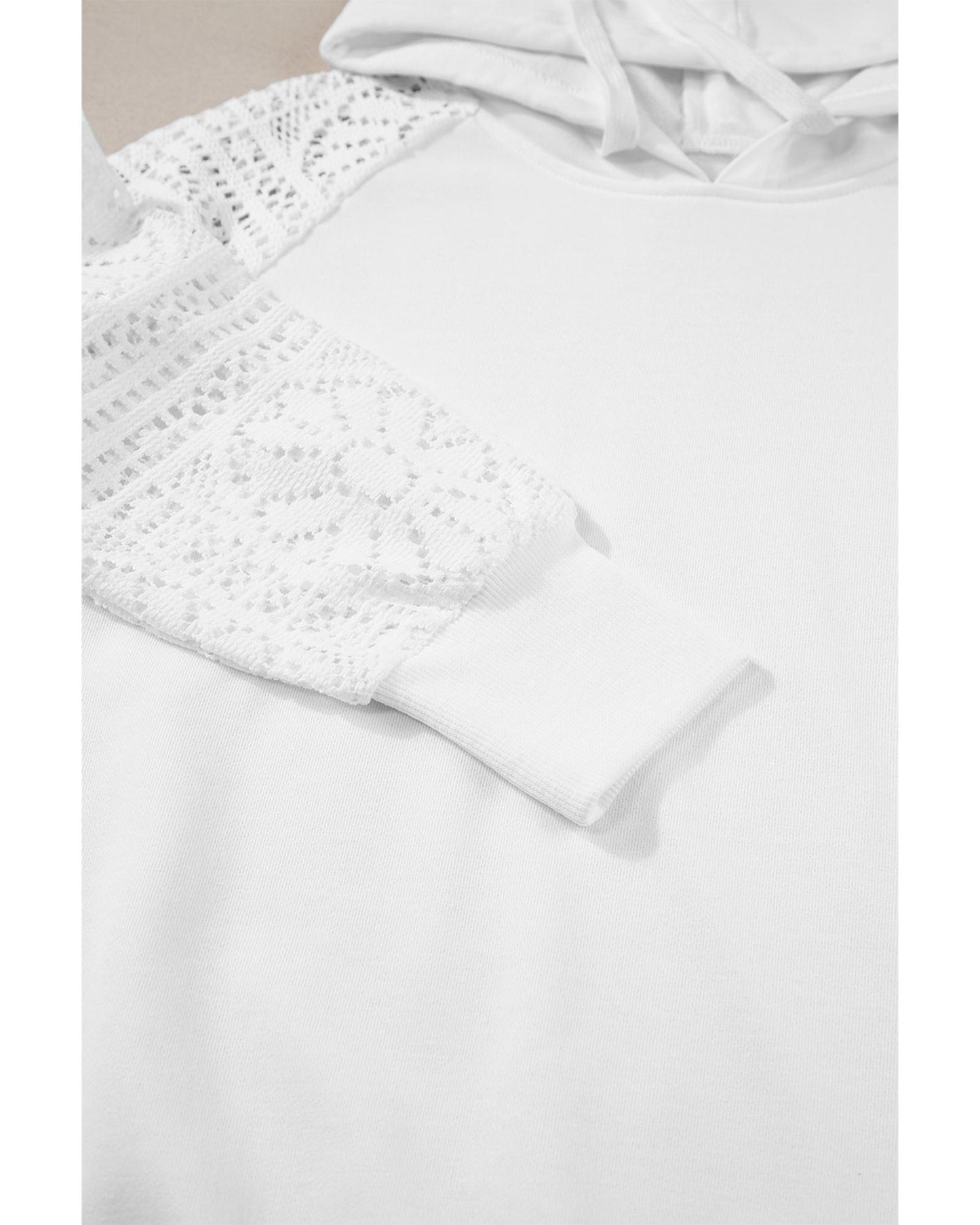 White Lace Patchwork Sleeve Drawstring Hoodie - S