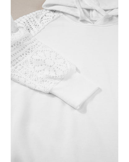 White Lace Patchwork Sleeve Drawstring Hoodie - S
