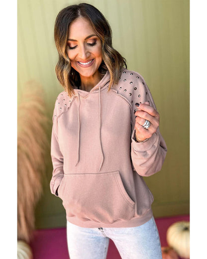 Fushia Solid Color Rivet Stud Raglan Sleeve Hoodie with Pocket - L
