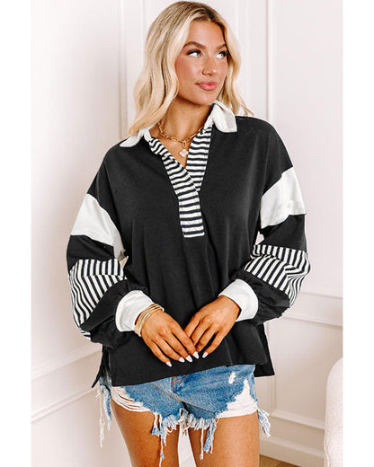 Black Striped Colorblock Patchwork Collar Sweatshirt - M