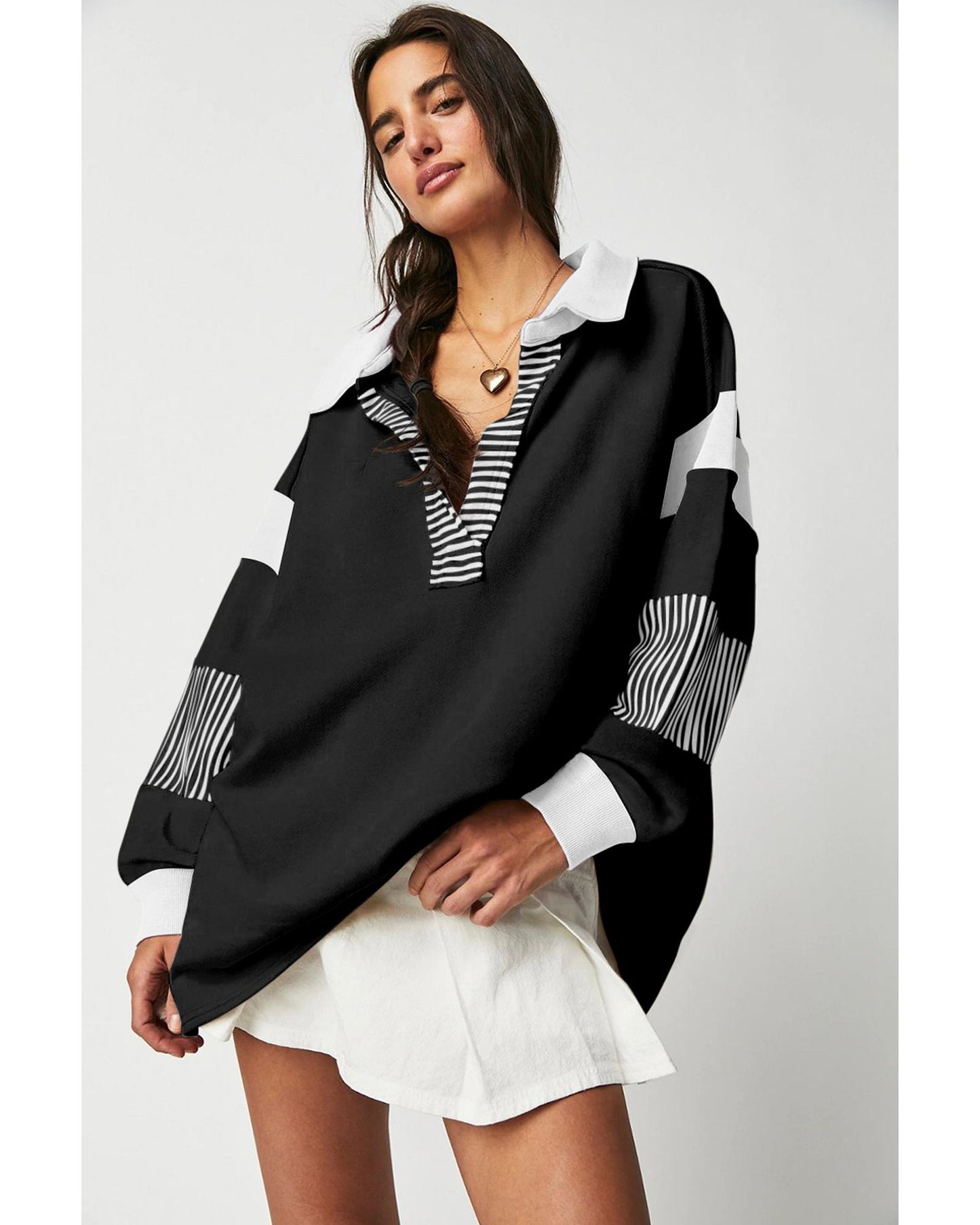 Black Striped Colorblock Patchwork Collar Sweatshirt - M