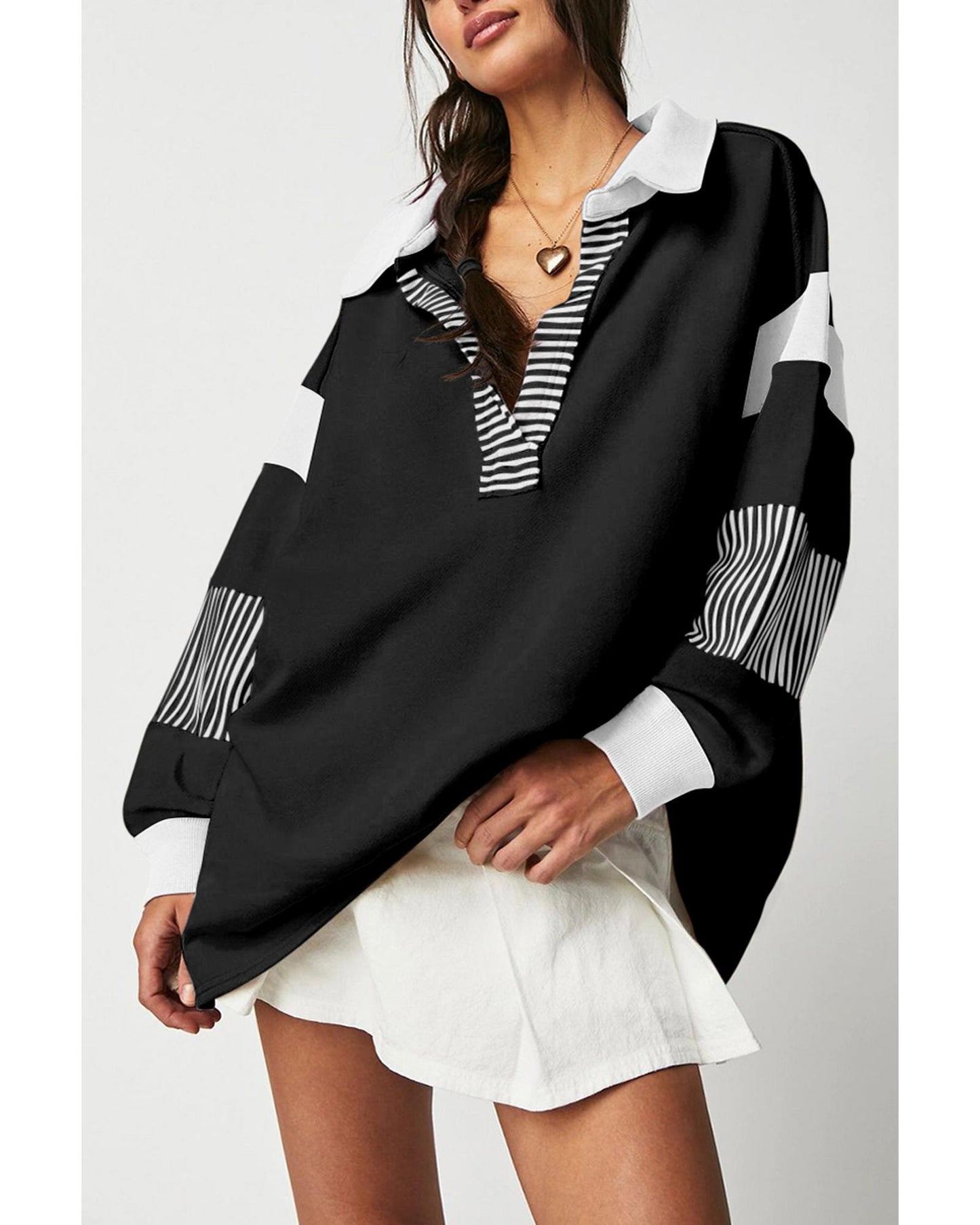Black Striped Colorblock Patchwork Collar Sweatshirt - M