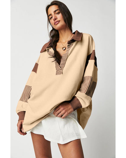 Light French Beige Striped Colorblock Patchwork Collar Sweatshirt - S