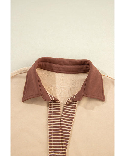Light French Beige Striped Colorblock Patchwork Collar Sweatshirt - S