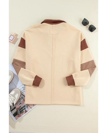 Light French Beige Striped Colorblock Patchwork Collar Sweatshirt - S