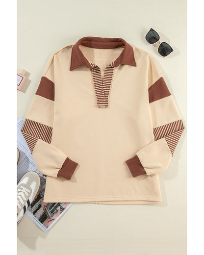 Light French Beige Striped Colorblock Patchwork Collar Sweatshirt - S