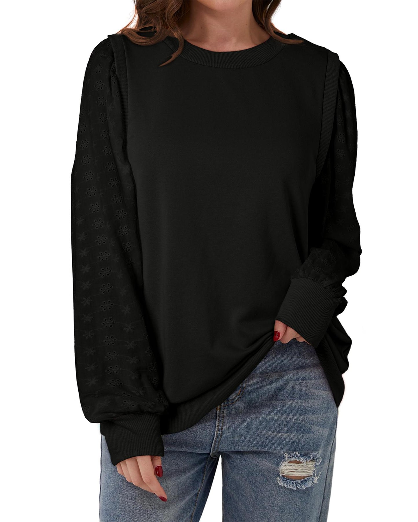 Black Textured Patchwork Round Neck Sweatshirt - M