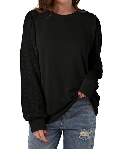 Black Textured Patchwork Round Neck Sweatshirt - M
