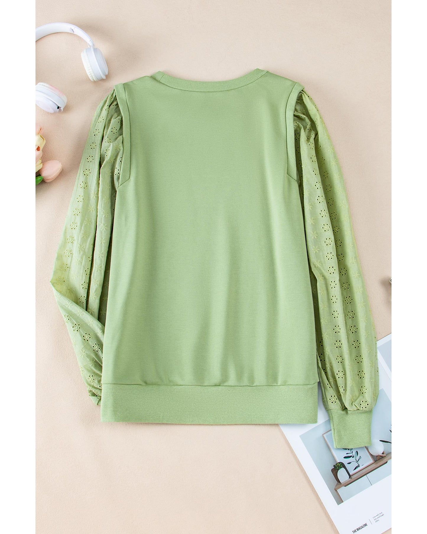 Mist Green Solid Patchwork Sleeve Round Neck Sweatshirt - 2XL