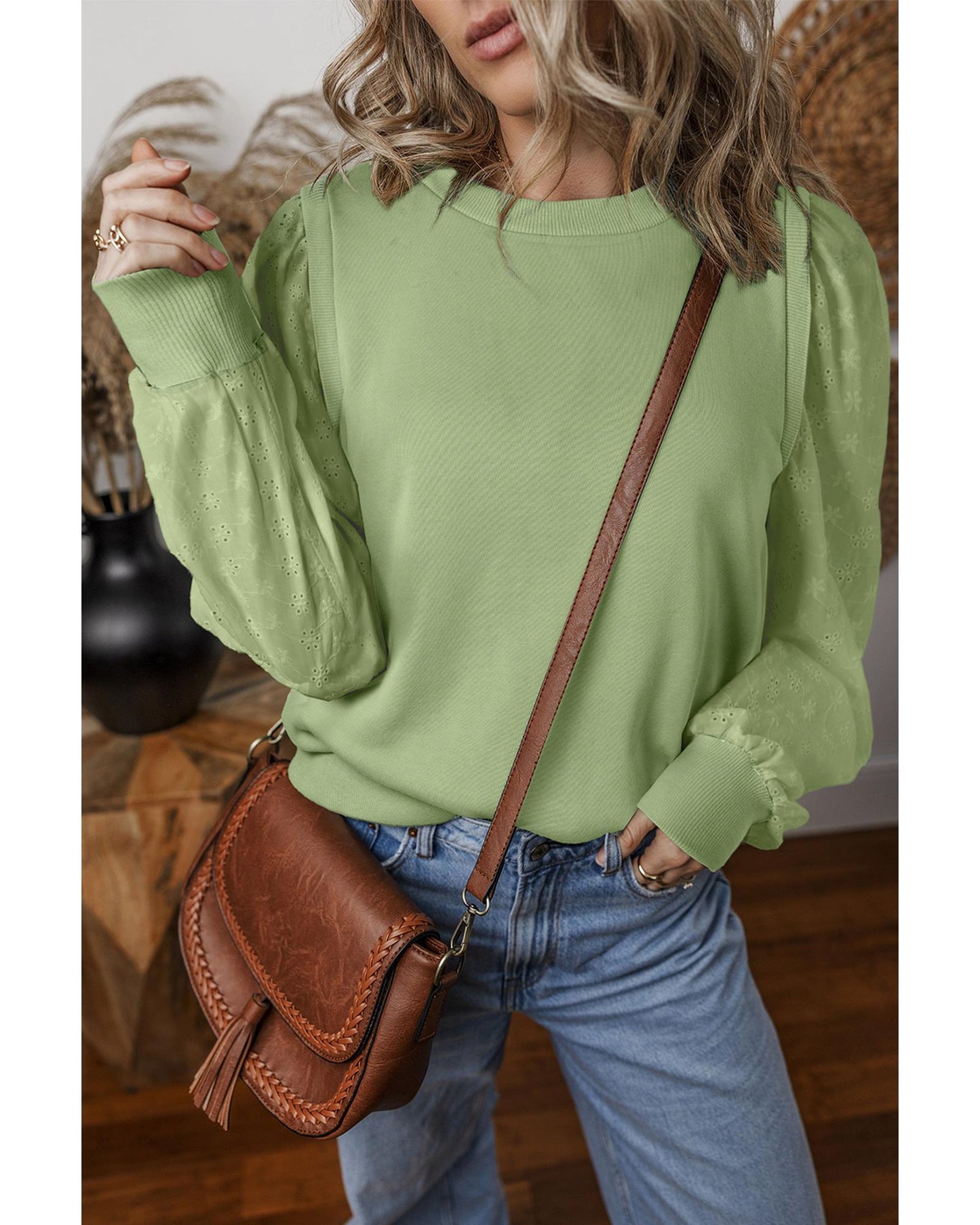 Mist Green Solid Patchwork Sleeve Round Neck Sweatshirt - 2XL