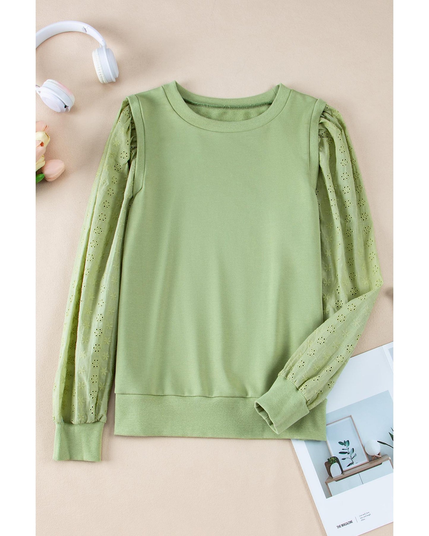 Mist Green Solid Patchwork Sleeve Round Neck Sweatshirt - 2XL