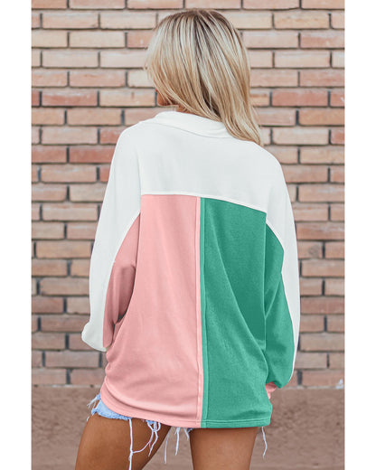 Pink Colorblock Ribbed Collared Oversized Sweatshirt - XL
