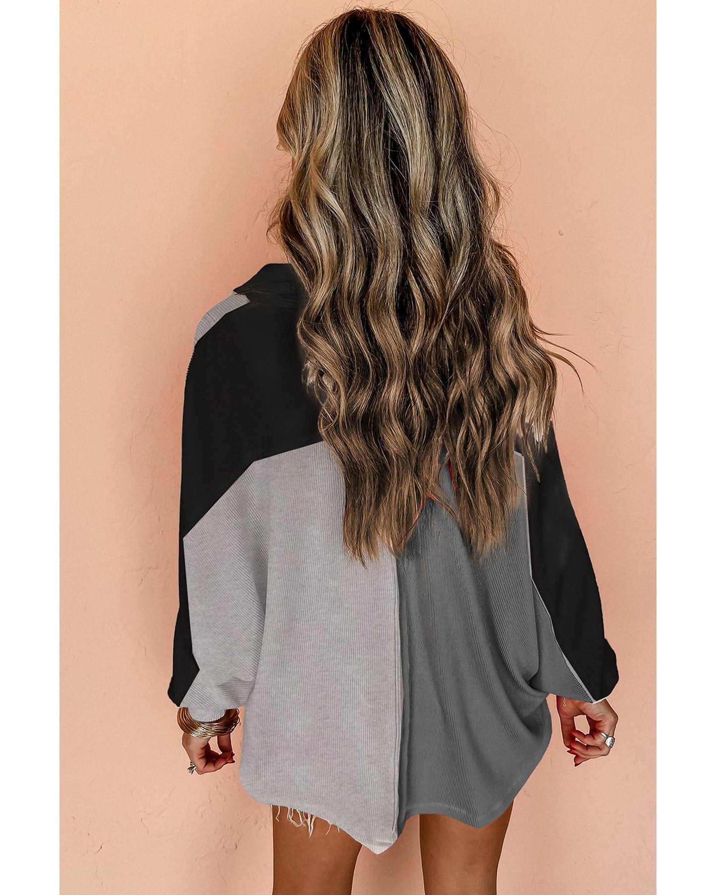 Gray Colorblock Ribbed Collared Oversized Sweatshirt - M