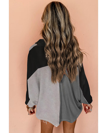 Gray Colorblock Ribbed Collared Oversized Sweatshirt - M