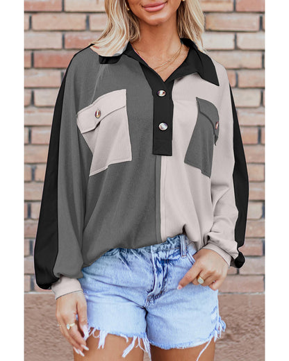 Gray Colorblock Ribbed Collared Oversized Sweatshirt - M