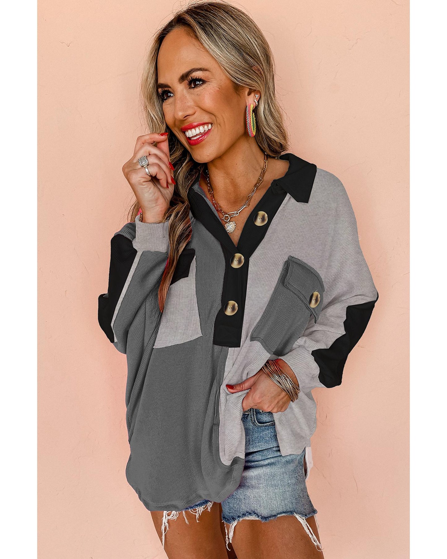 Gray Colorblock Ribbed Collared Oversized Sweatshirt - M