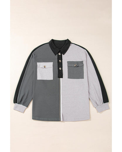 Gray Colorblock Ribbed Collared Oversized Sweatshirt - M