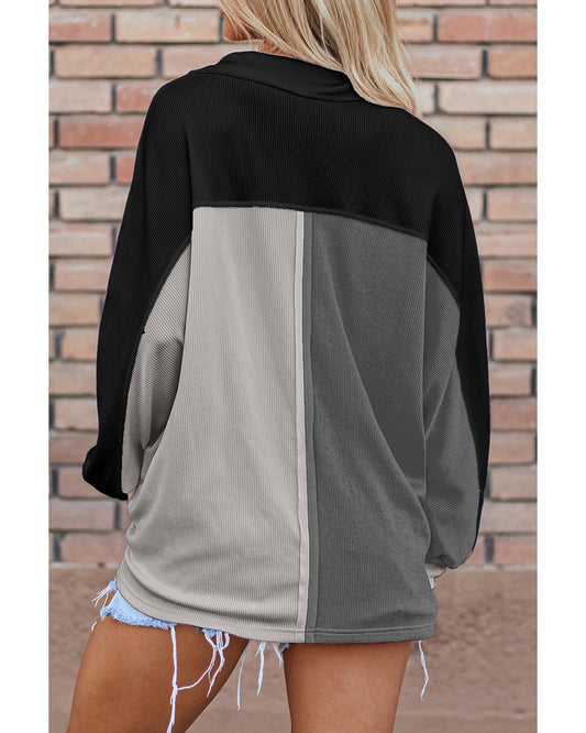 Gray Colorblock Ribbed Collared Oversized Sweatshirt - XL