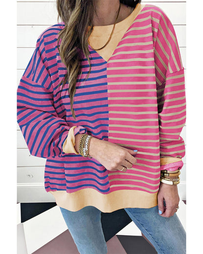 Pink Stripe Casual Stripe Colorblock Drop Shoulder Oversize Sweatshirt - 2XL
