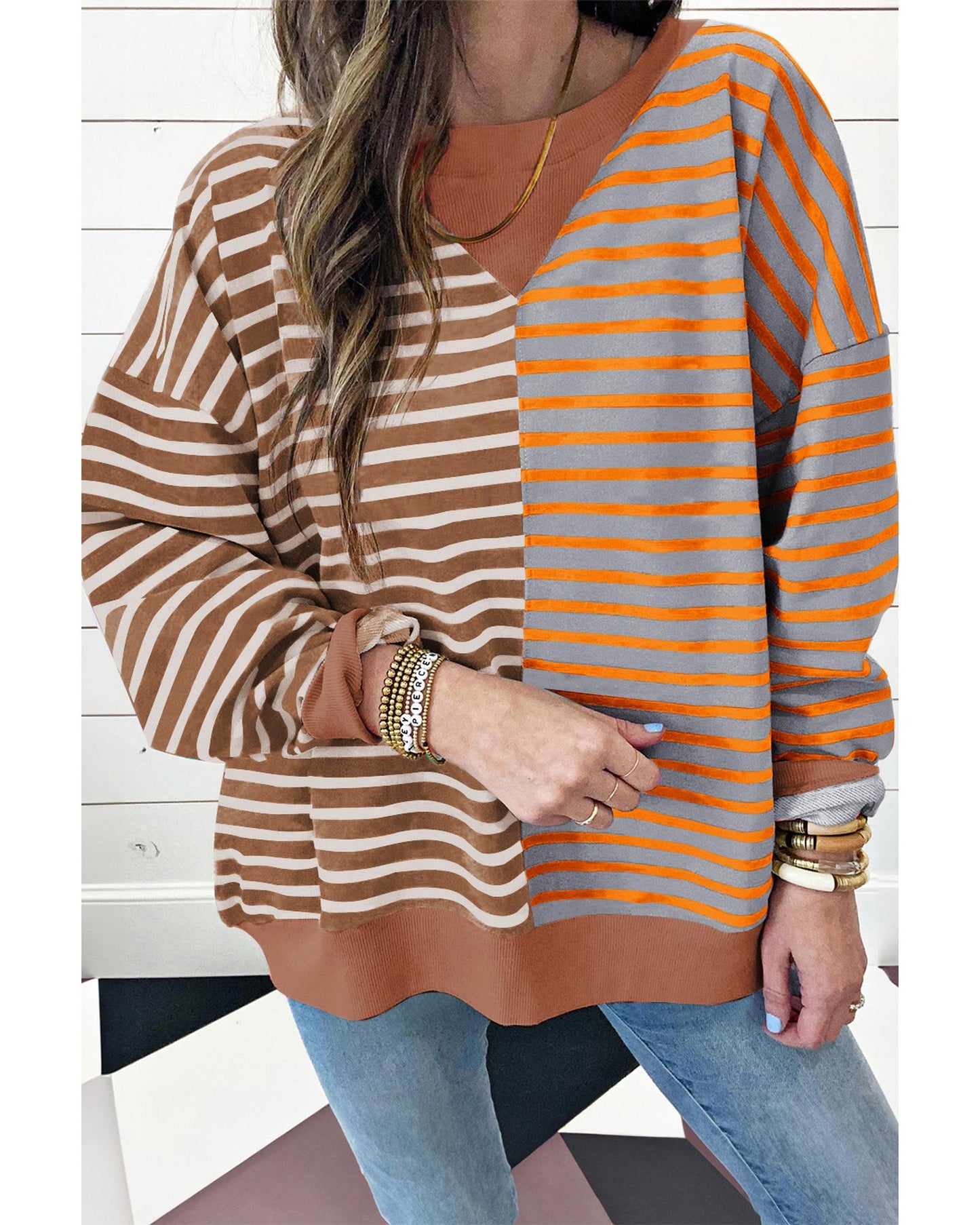 Brown Stripe Casual Stripe Colorblock Drop Shoulder Oversize Sweatshirt - L