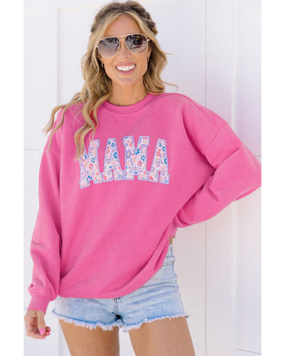 Rose Red Floral MAMA Embroidered Graphic Pullover Sweatshirt - XL