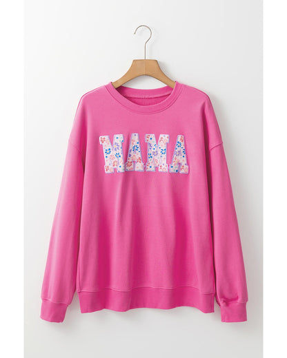 Rose Red Floral MAMA Embroidered Graphic Pullover Sweatshirt - XL