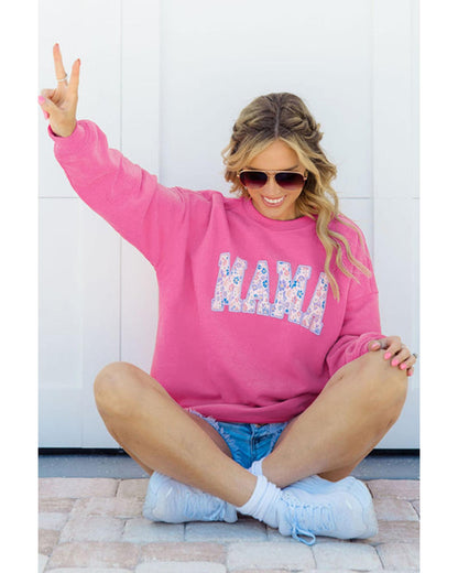 Rose Red Floral MAMA Embroidered Graphic Pullover Sweatshirt - XL