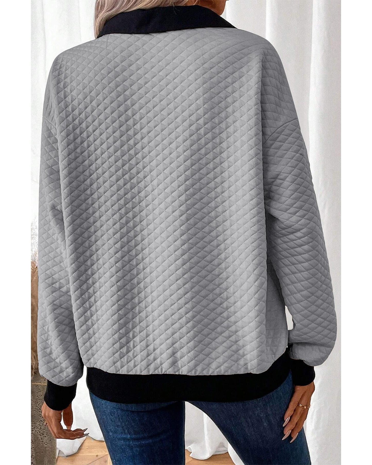 Light Grey Textured Colorblock Edge Buttoned Collar Sweatshirt - L