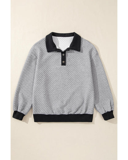 Light Grey Textured Colorblock Edge Buttoned Collar Sweatshirt - M