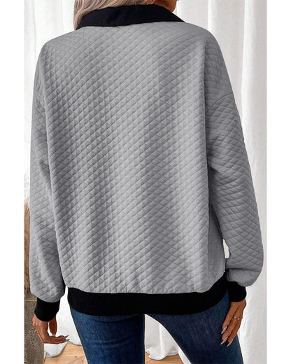 Light Grey Textured Colorblock Edge Buttoned Collar Sweatshirt - M