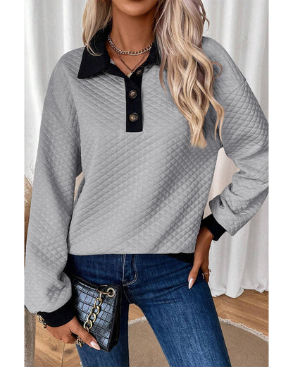 Light Grey Textured Colorblock Edge Buttoned Collar Sweatshirt - M