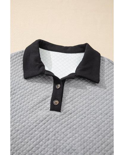 Light Grey Textured Colorblock Edge Buttoned Collar Sweatshirt - M