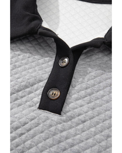 Light Grey Textured Colorblock Edge Buttoned Collar Sweatshirt - M