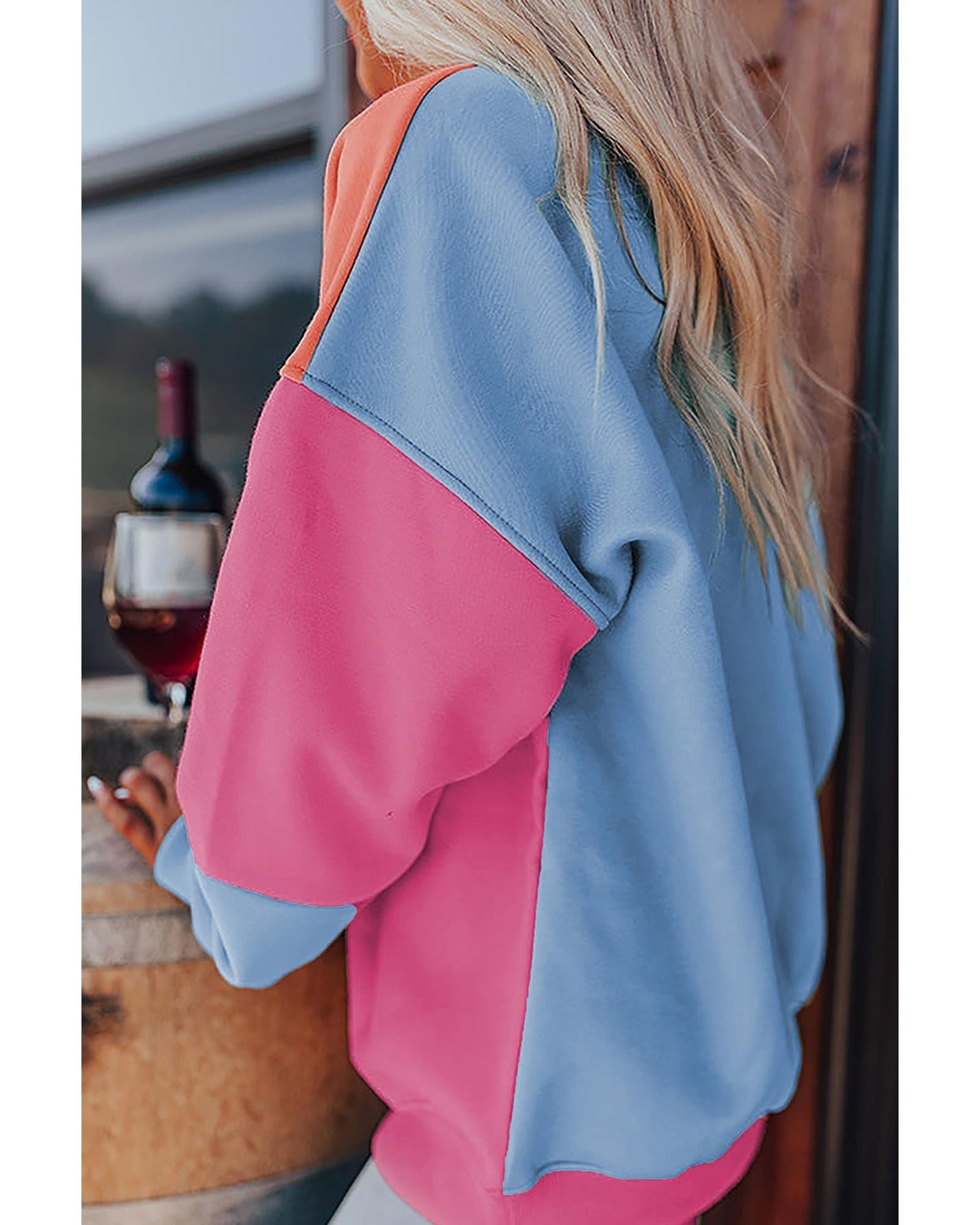 Bright Pink Colorblock Patchwork Drop Shoulder Sweatshirt - M