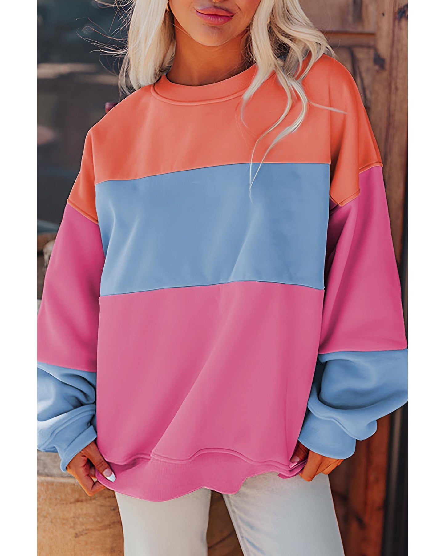 Bright Pink Colorblock Patchwork Drop Shoulder Sweatshirt - S