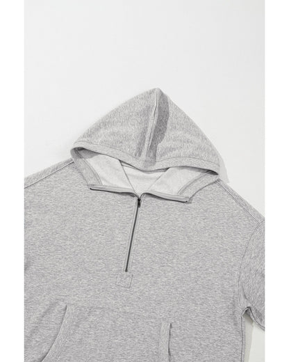 Light Grey Solid Kangaroo Pocket Half Zipper Oversized Hoodie - 2XL
