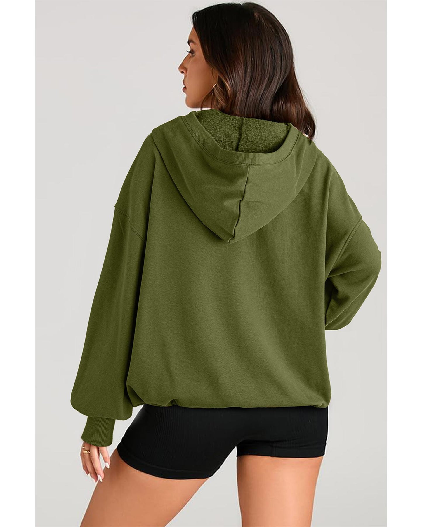 Moss Green Solid Kangaroo Pocket Half Zipper Oversized Hoodie - S