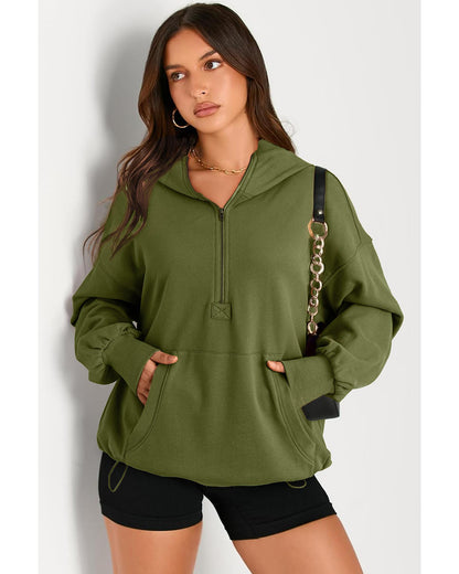 Moss Green Solid Kangaroo Pocket Half Zipper Oversized Hoodie - S
