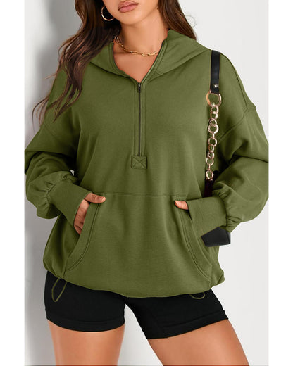 Moss Green Solid Kangaroo Pocket Half Zipper Oversized Hoodie - S
