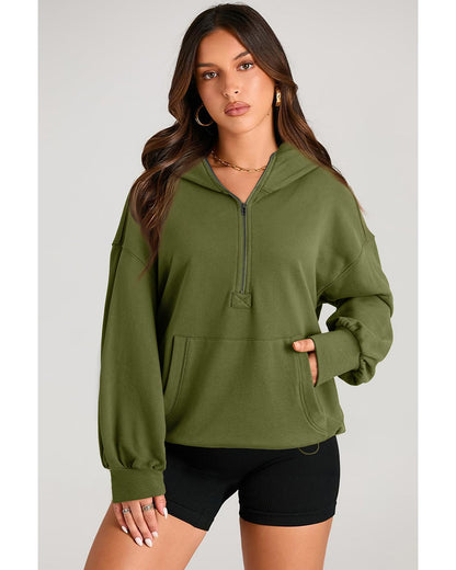 Moss Green Solid Kangaroo Pocket Half Zipper Oversized Hoodie - XL