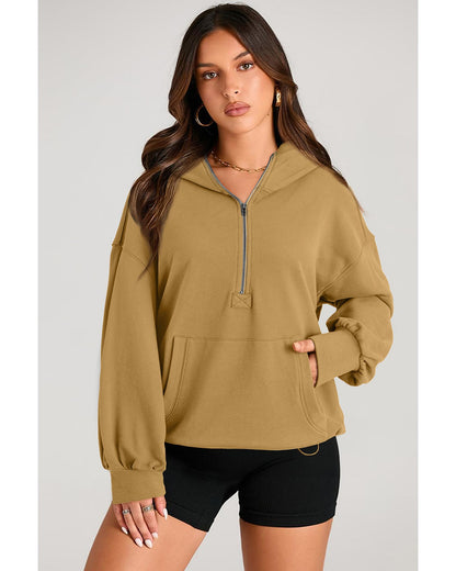 Brown Solid Kangaroo Pocket Half Zipper Oversized Hoodie - L