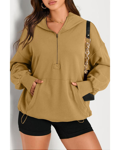 Brown Solid Kangaroo Pocket Half Zipper Oversized Hoodie - M