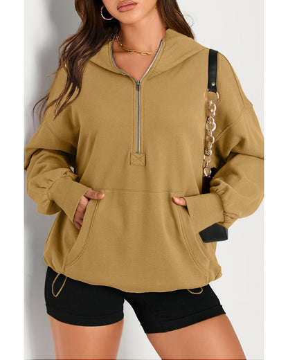 Brown Solid Kangaroo Pocket Half Zipper Oversized Hoodie - M