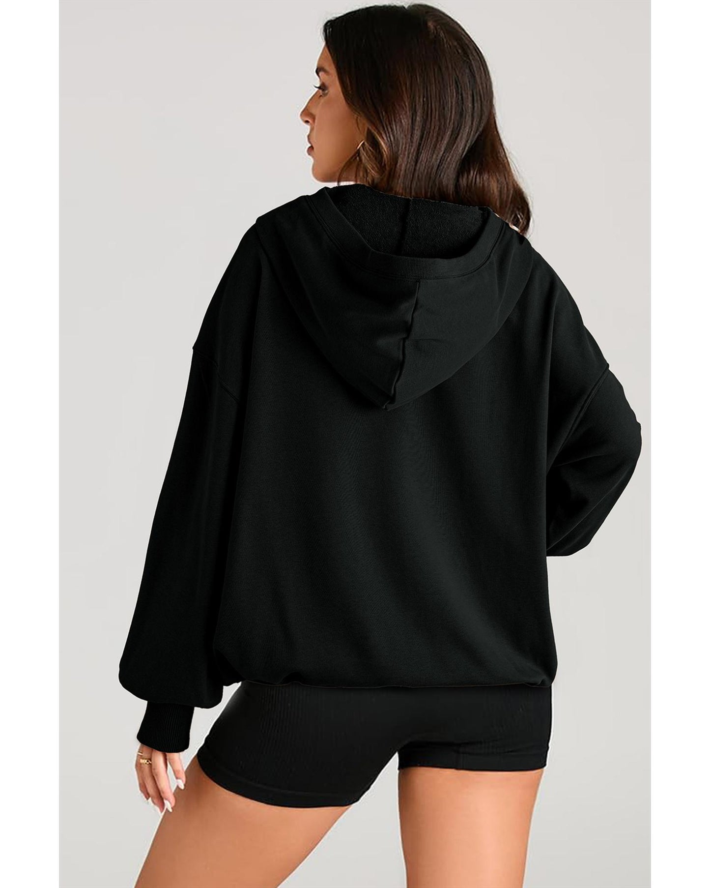 Black Solid Kangaroo Pocket Half Zipper Oversized Hoodie - 2XL