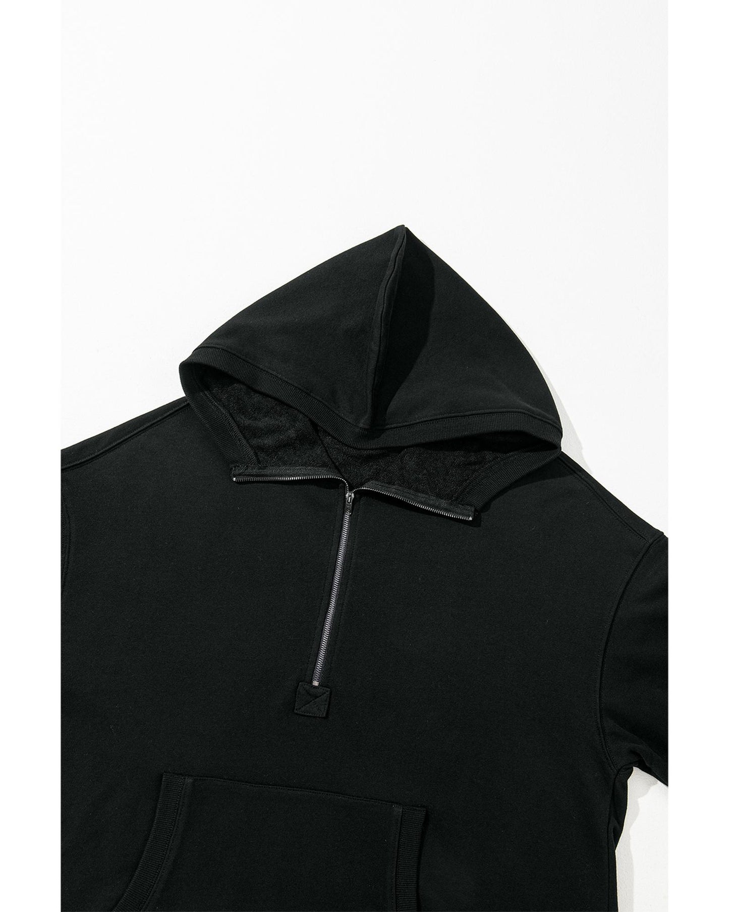 Black Solid Kangaroo Pocket Half Zipper Oversized Hoodie - 2XL