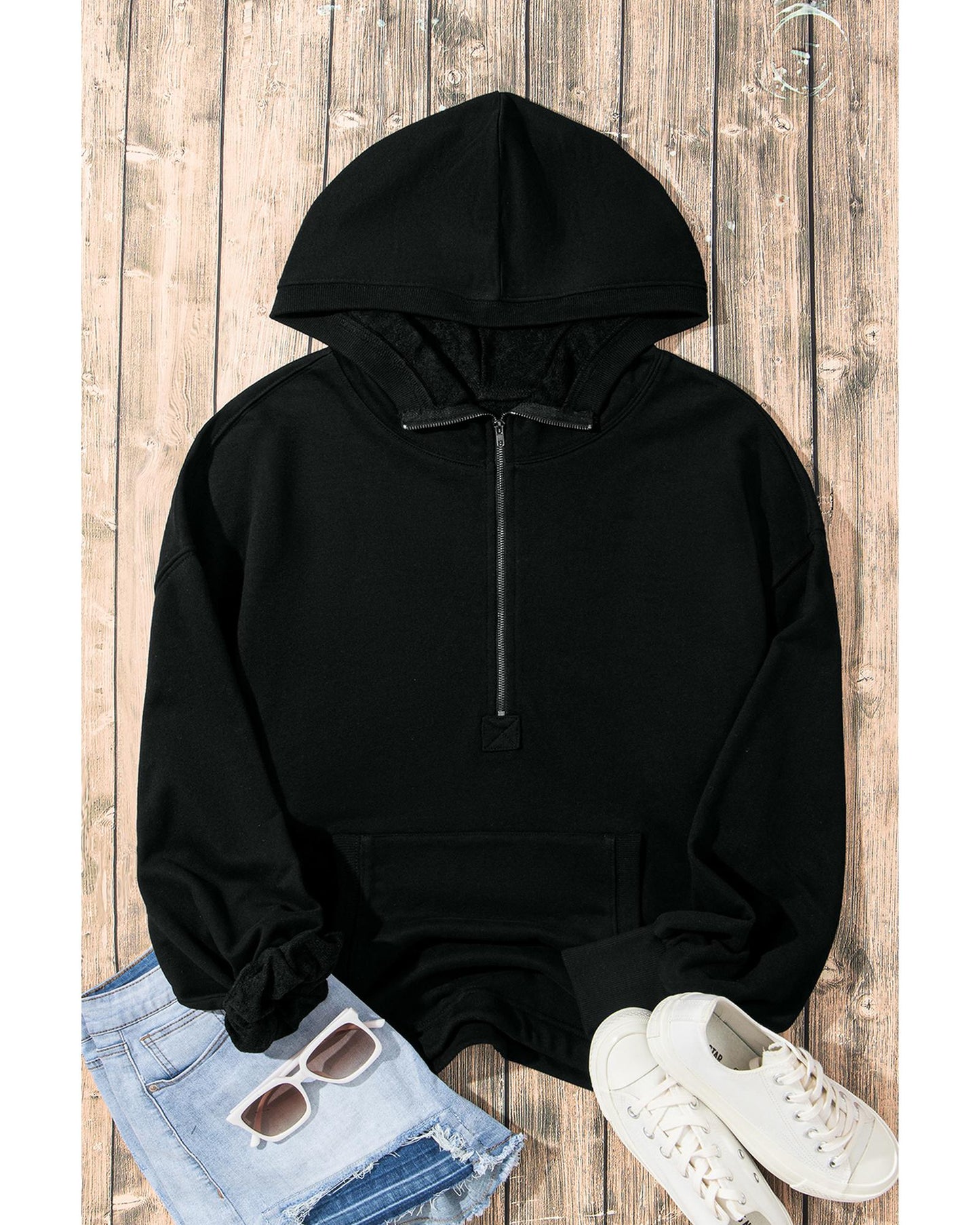 Black Solid Kangaroo Pocket Half Zipper Oversized Hoodie - 2XL