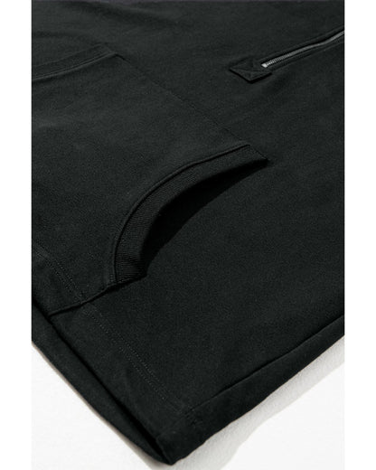 Black Solid Kangaroo Pocket Half Zipper Oversized Hoodie - L
