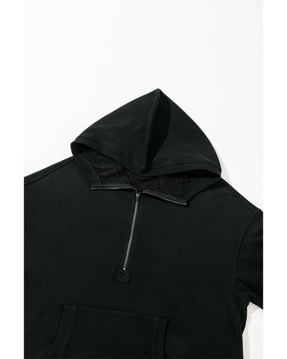 Black Solid Kangaroo Pocket Half Zipper Oversized Hoodie - L