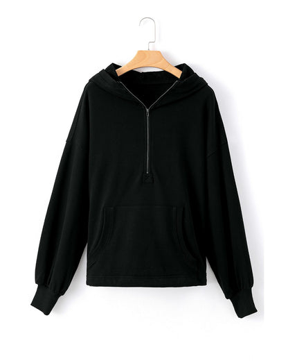 Black Solid Kangaroo Pocket Half Zipper Oversized Hoodie - L