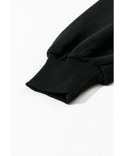 Black Solid Kangaroo Pocket Half Zipper Oversized Hoodie - L